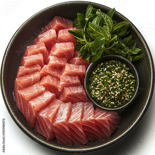 Obraz na płótnie Fresh tuna sashimi served on dark plate, garnished with green herbs and sesame seeds, creating vibrant and appetizing presentation w salonie