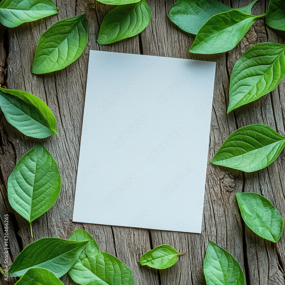 blank A4 paper is surrounded by fresh green leaves on rustic wooden surface, creating natural and serene atmosphere. This composition evokes sense of calm and creativity