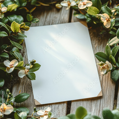 blank A4 paper is elegantly placed among lush green leaves and delicate white flowers, creating serene and natural atmosphere perfect for notes or invitations