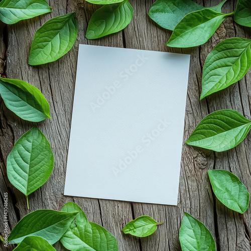 blank A4 paper is surrounded by fresh green leaves on rustic wooden surface, creating natural and serene atmosphere. This composition evokes sense of calm and creativity