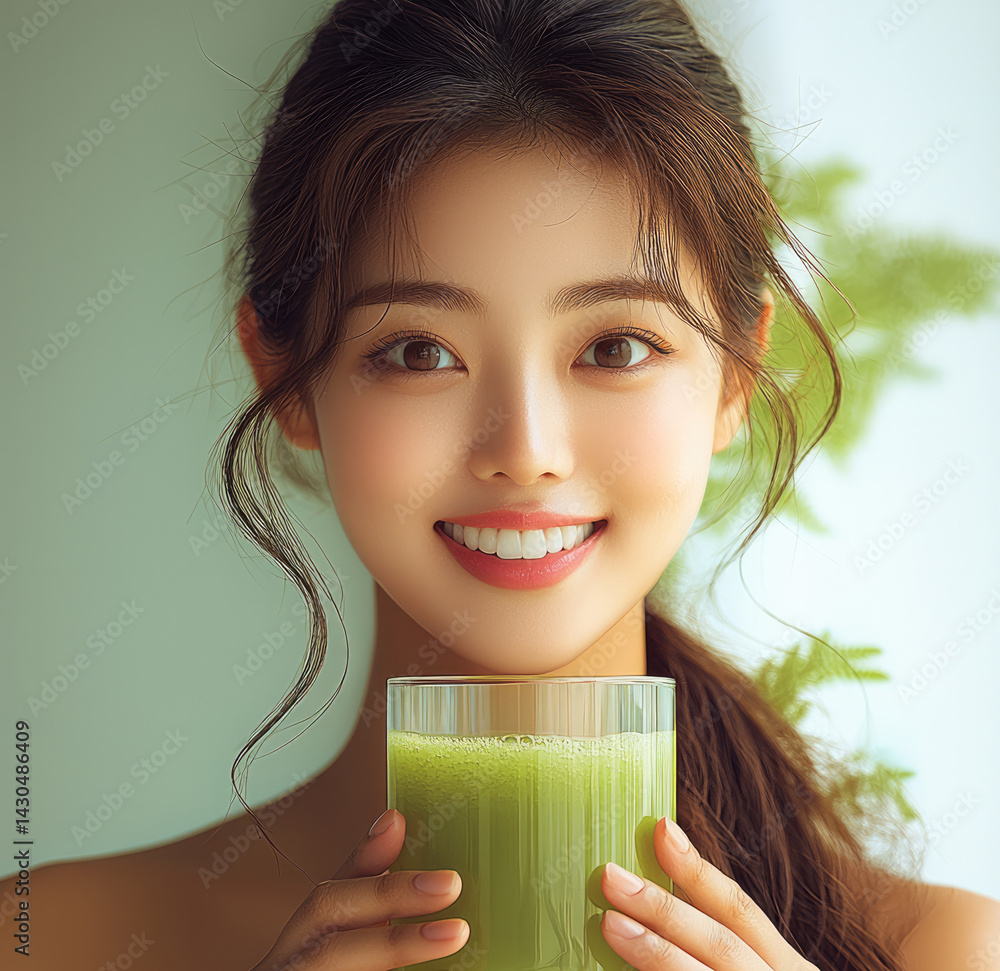 cheerful woman holding green smoothie, showcasing healthy lifestyle and vibrant energy. Her bright smile and natural beauty radiate positivity and wellness
