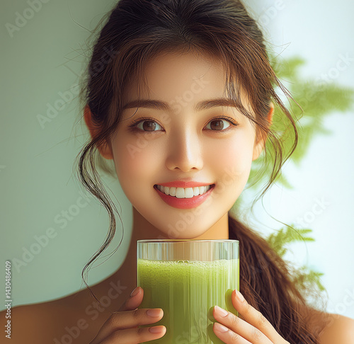 Obraz na płótnie cheerful woman holding green smoothie, showcasing healthy lifestyle and vibrant energy. Her bright smile and natural beauty radiate positivity and wellness w salonie