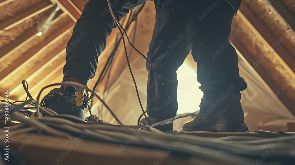 Fototapeta premium Electrician Working in Attic with Wiring