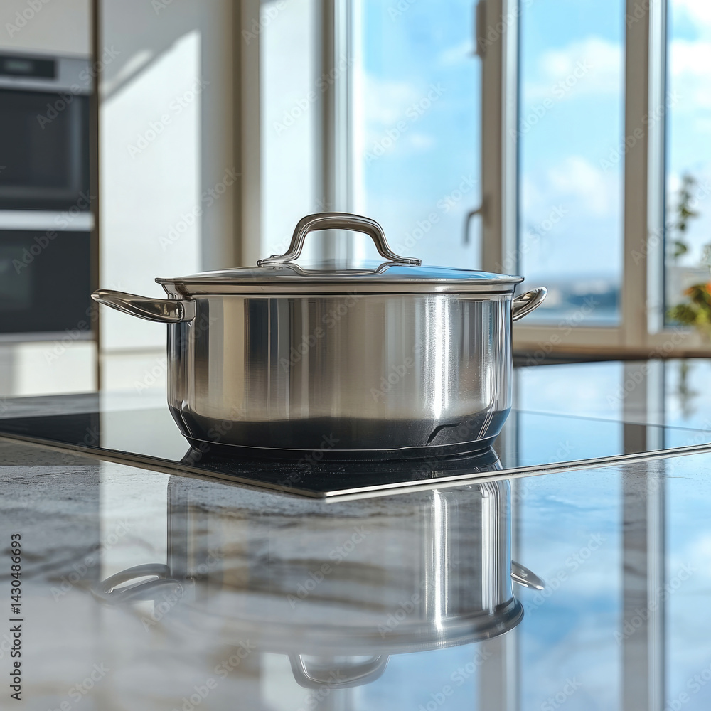 sleek stainless steel pot sits on modern electric stove, reflecting bright sunlight streaming through large windows. kitchen exudes contemporary and inviting atmosphere