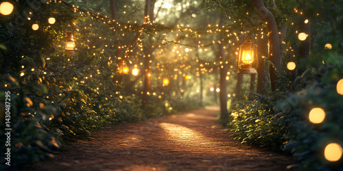 Wallpaper Mural Magical Forest Pathway with Hanging Lanterns and String Lights

 Torontodigital.ca