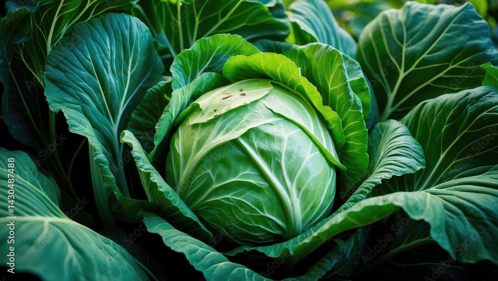 Obraz premium Young cabbage head damaged by pests, close-up. Holes in the cabbage leaves growing in the garden. Damaged vegetable harvest.