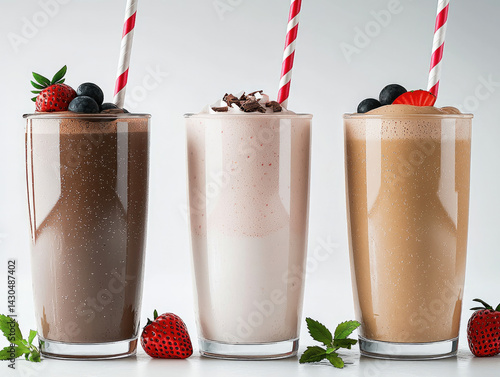 Obraz na płótnie Delicious milkshakes in three flavors chocolate, vanilla, and strawberry, topped with fresh fruits and whipped cream, perfect for refreshing treat w salonie