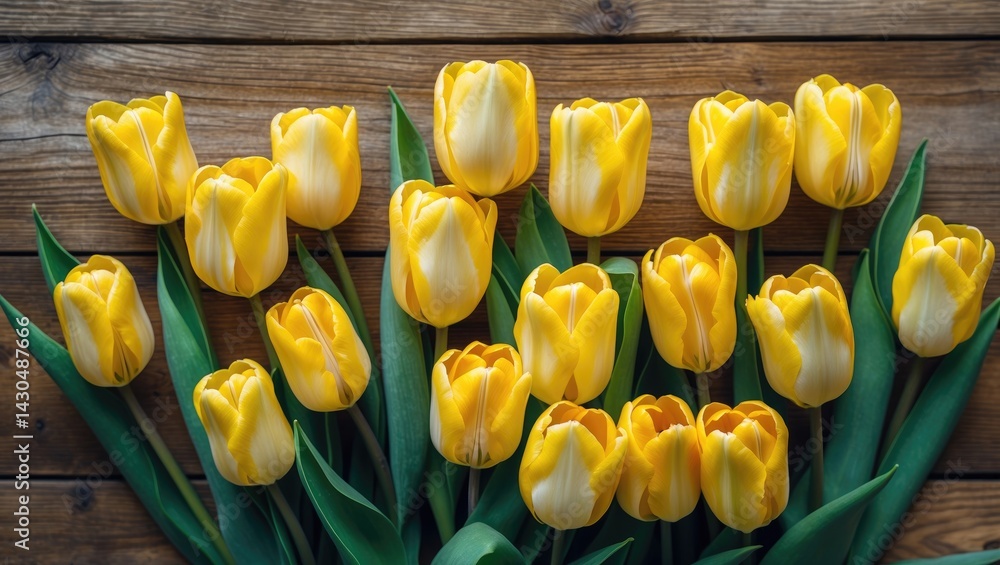 Obraz premium Yellow tulips arranged on a rustic wooden table backdrop