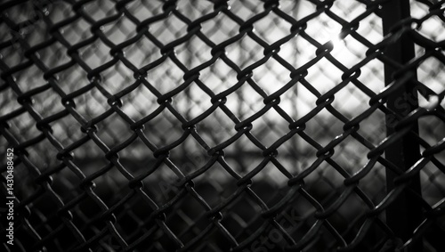 Wire mesh of cage illuminated by light and shadow