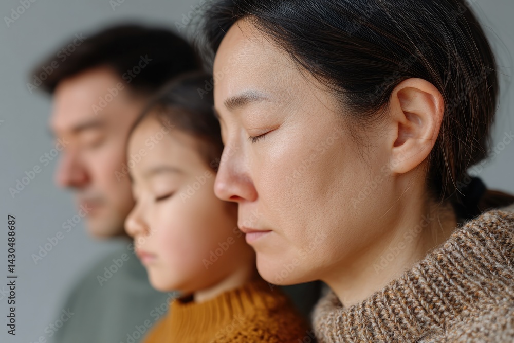 Intimate moment of family in prayer, showcasing unity and reflec Intimate moment of family in prayer, showcasing unity and reflec