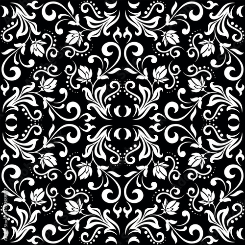 Wallpaper in the style of Baroque. White and black floral ornament. Seamless vector background. Graphic pattern for fabric, wallpaper, packaging. Ornate Damask flower illustration.