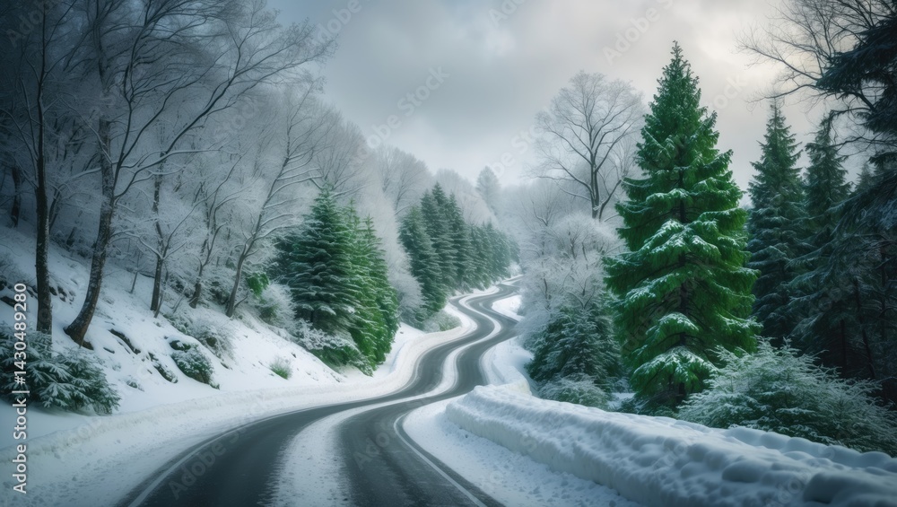 Snow-covered winter scene featuring greenery and holiday atmosphere Snow-covered winter scene featuring greenery and holiday atmosphere