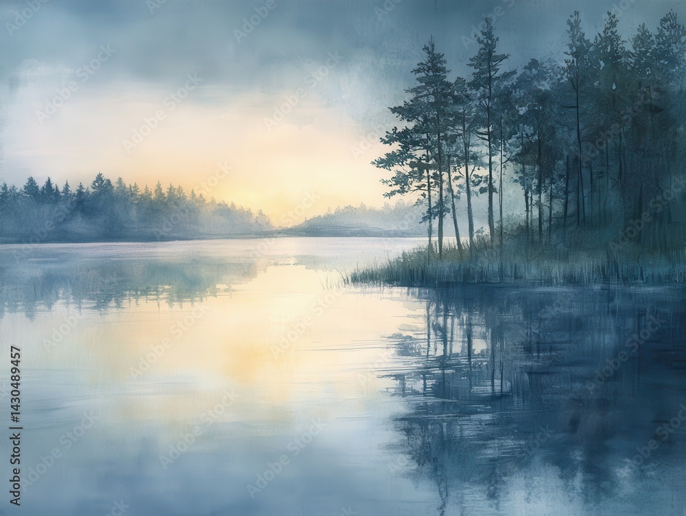 A serene lakeside landscape with misty trees and a soft sunrise glow. A serene lakeside landscape with misty trees and a soft sunrise glow.