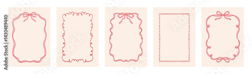 Doodle hand drawn frames with wavy lines, bows and ribbons. Trendy vintage whimsical borders for wedding invitations, birthday card, prints. Vector modern illustration.