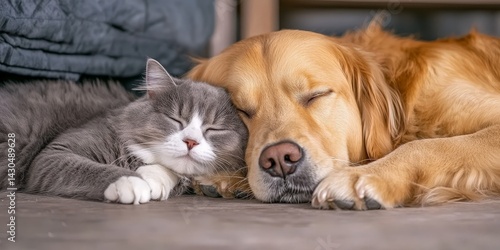 Wallpaper Mural Dog and Cat Snuggling Together, Heartwarming Pet Friendship, Cozy and Peaceful Indoor Setting Torontodigital.ca