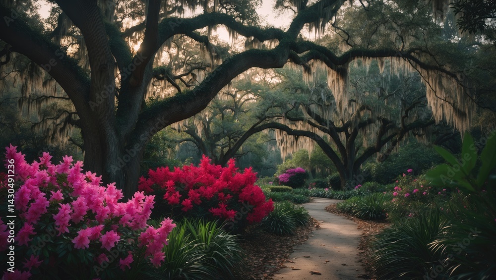 Naklejka premium Vibrant Spring Scene with Blooming Azaleas, Live Oaks, and Spanish Moss