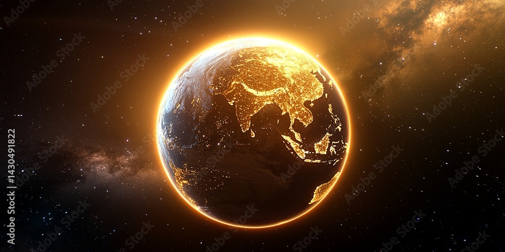 Obraz premium Stunning view of Earth from space showcasing vibrant continents illuminated by city lights against a backdrop of a star-filled universe at night
