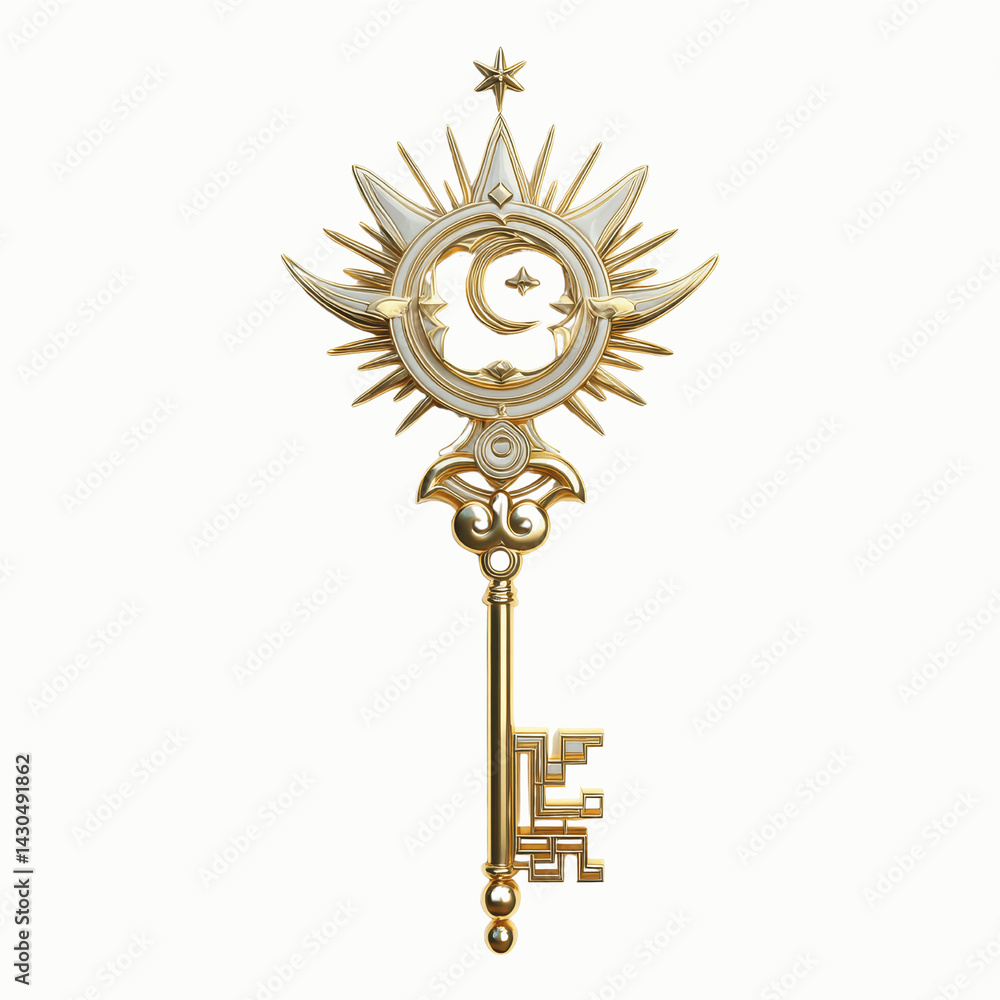 Fototapeta premium Ornate Golden Key with Celestial Sun and Moon Design - 3D Render