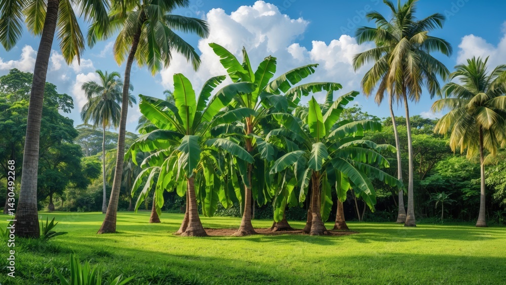 Fototapeta premium A peaceful, lush green landscape featuring tall, leafy trees and shorter trees with broad leaves.