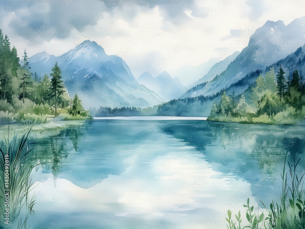 Fototapeta premium Serene mountain lake with misty peaks and lush greenery, reflecting the tranquil sky.