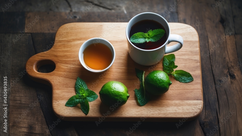 Natural still life featuring lime, honey, and mint tea on a wooden stand with a health-conscious theme