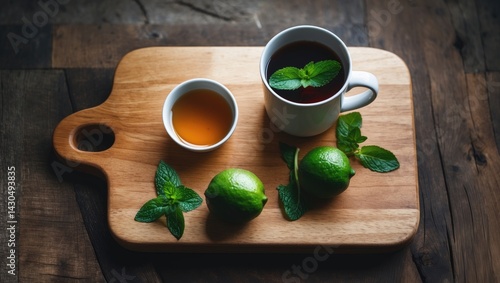 Obraz na płótnie Natural still life featuring lime, honey, and mint tea on a wooden stand with a health-conscious theme w salonie