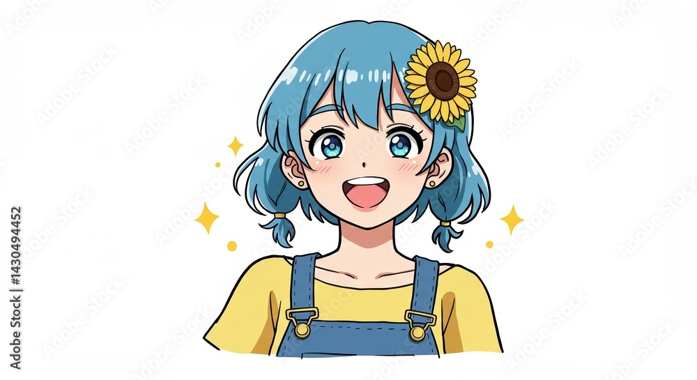 Fototapeta premium ひまわりの髪飾りのある笑顔の女の子、白い背景に, コピー空間あり
