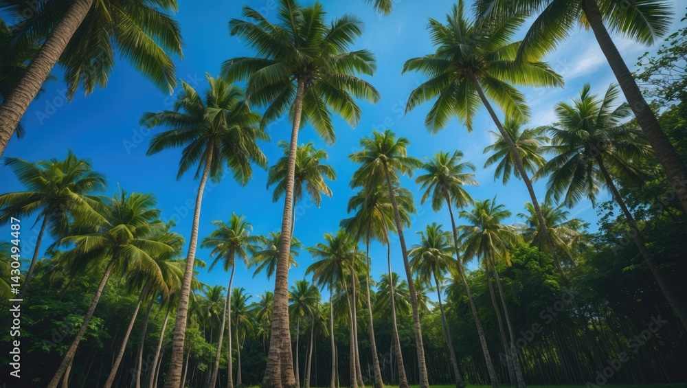 Group of tall palm trees in a vibrant green forest beneath a bright blue sky, embodying serenity and natural beauty Group of tall palm trees in a vibrant green forest beneath a bright blue sky, embodying serenity and natural beauty