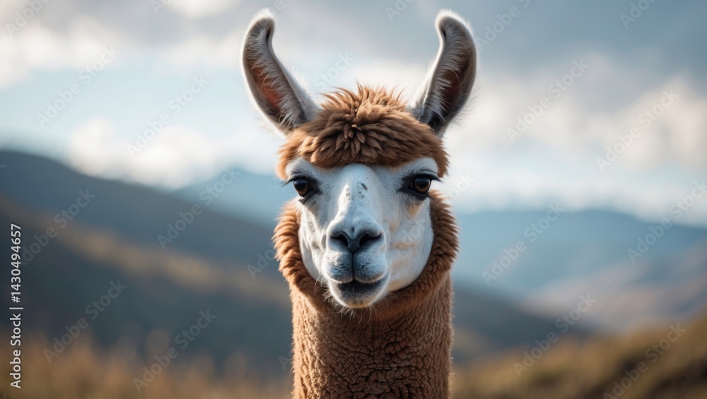 Obraz premium Close-up of a brown and white llama's face with mountain scenery in the background