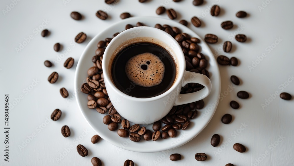 Fototapeta premium White coffee cup surrounded by roasted beans on a table with ample space for text