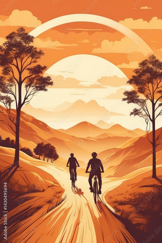 Retro vintage poster style illustration of people riding bicycles to celebrate World Bicycle Day.