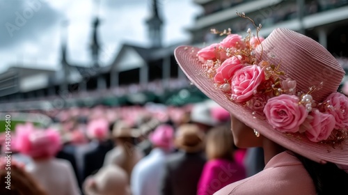 Fototapeta Naklejka Na Ścianę i Meble -  Woman in soft pink dress and wide-brimmed hat with roses at Kentucky Derby