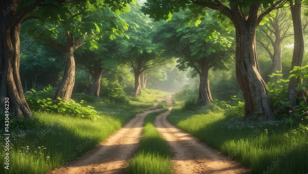 Fototapeta premium Nature trail splits into three routes then merges back into one