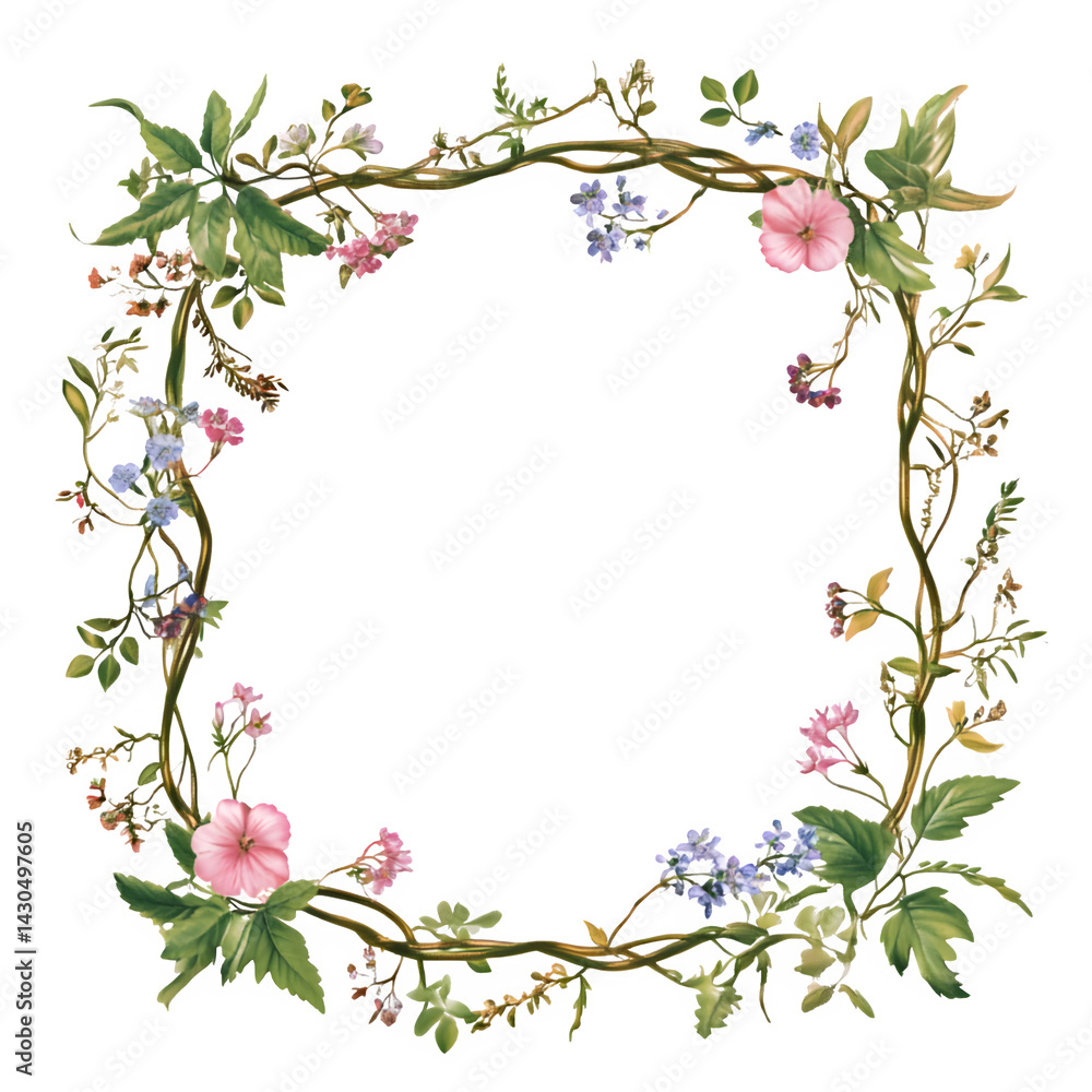 A decorative frame formed by intertwined flowers and leaves, perfect for Mother's Day quotes or messages, isolated on Transparent background. A decorative frame formed by intertwined flowers and leaves, perfect for Mother's Day quotes or messages, isolated on Transparent background.