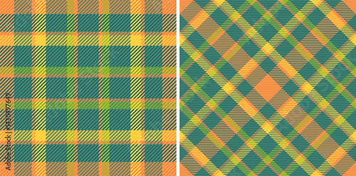 Vibrant autumnal plaid patterns in teal, orange, and yellow.  Perfect for textile design, fashion, fallthemed projects, or creating warm and inviting backgrounds.