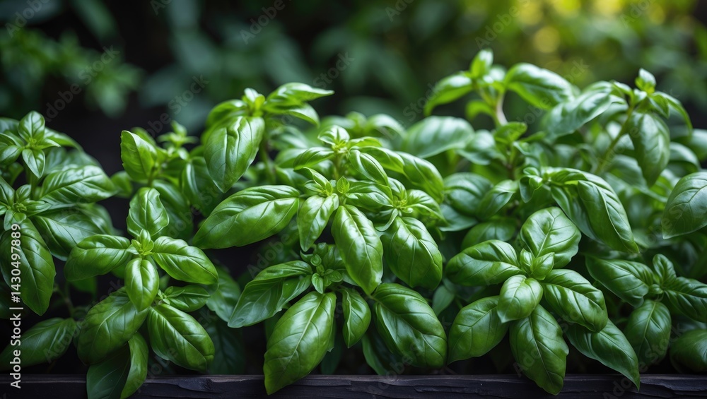 Fototapeta premium Fresh basil leaves on a dark background for culinary use