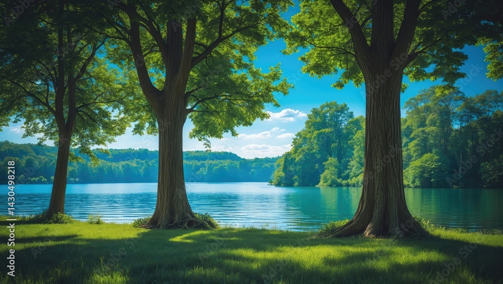 Fototapeta premium Serene summer scene with shaded trees by a tranquil lake in Vilas County