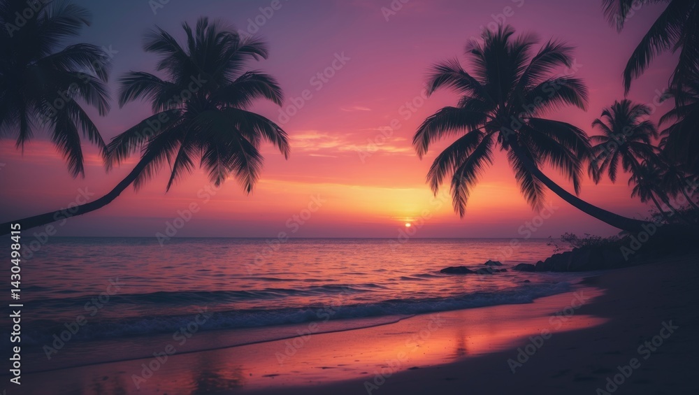 Obraz premium Beachside sunset scene at a holiday resort by the ocean