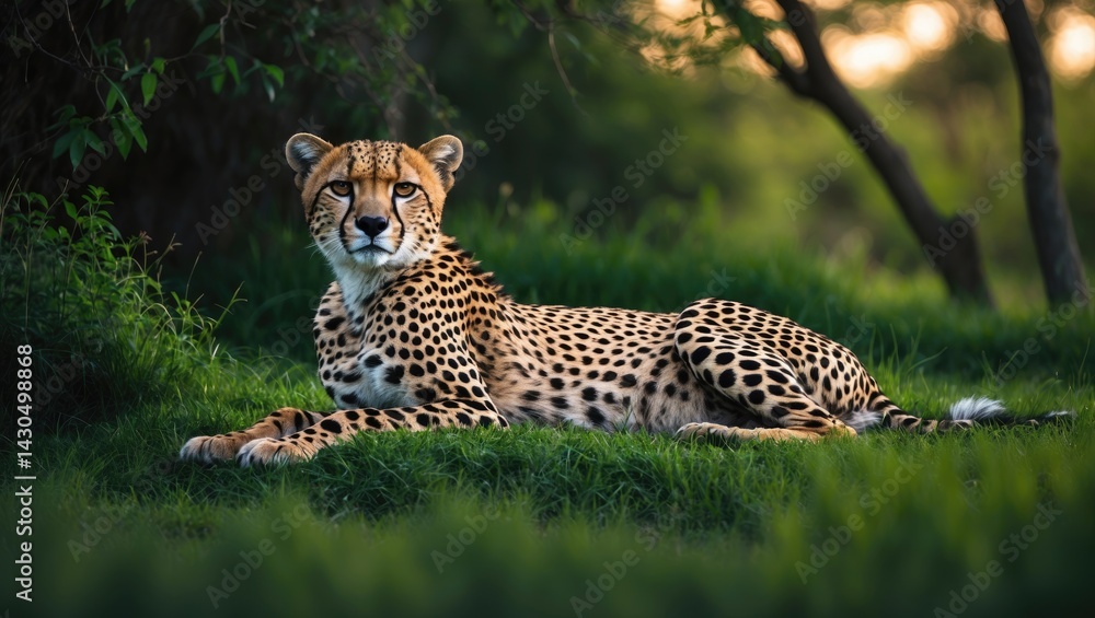 Naklejka premium Cheetah lying down in vibrant grassy landscape