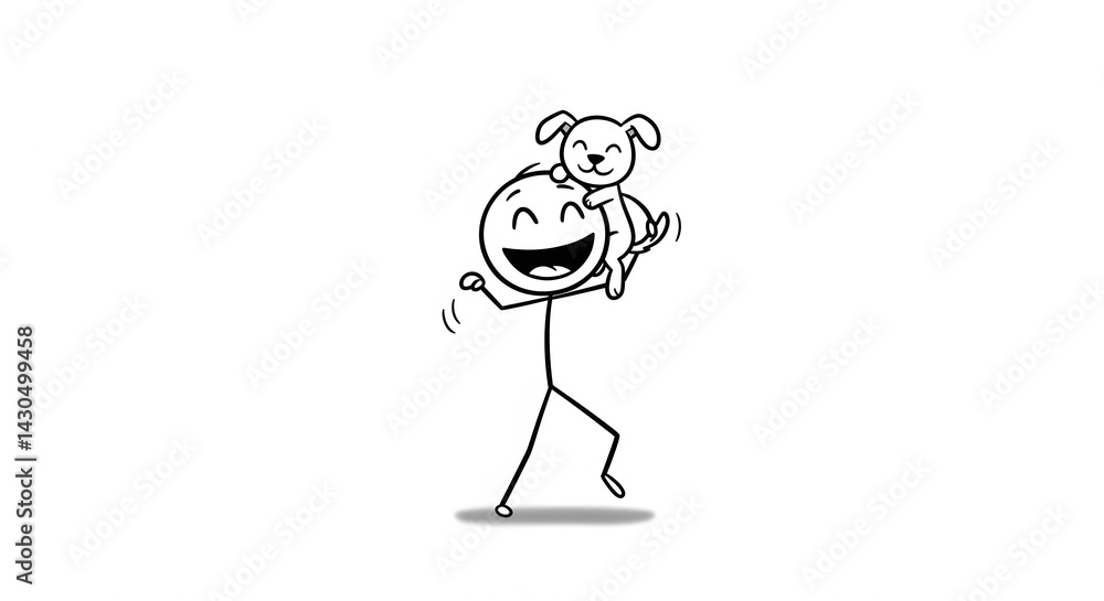 Fototapeta premium Joyful Stick Figure with Dog on Shoulders