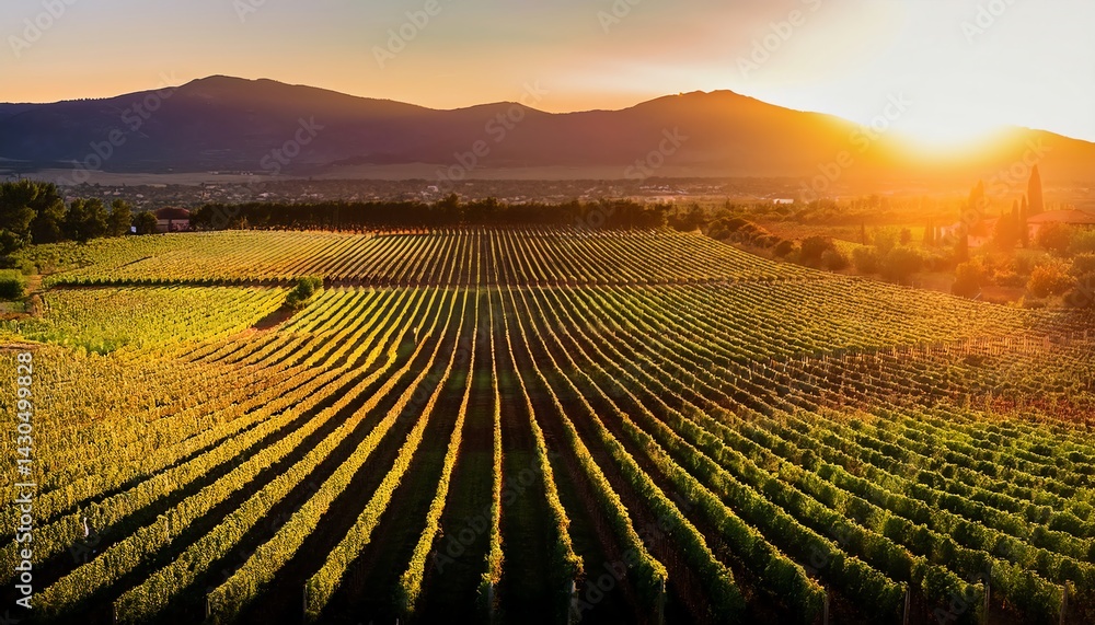 A serene vineyard at sunset, showcasing rows of grapevines with mountains in the background and golden sunlight illuminating the landscape. A serene vineyard at sunset, showcasing rows of grapevines with mountains in the background and golden sunlight illuminating the landscape.