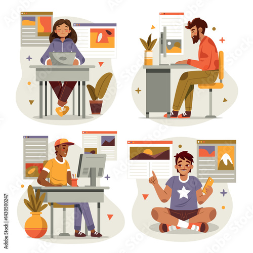 Blogger Hand Drawn Flat Composition Set