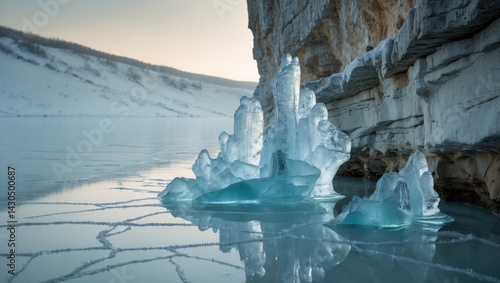 Winter scene of rocks embedded in the icy surface of Lake Baikal in Siberia