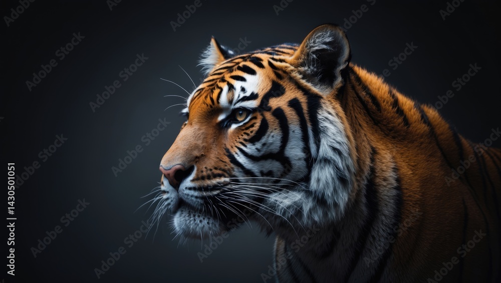 Fototapeta premium Close-up portrait of a Bengal tiger's face highlighting stripes and fur details against a dark background