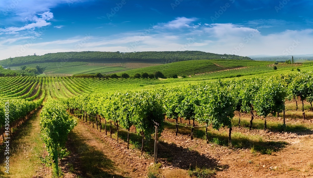 Naklejka premium A picturesque vineyard landscape with lush green rows of grapevines under a bright blue sky, showcasing the beauty of wine country.