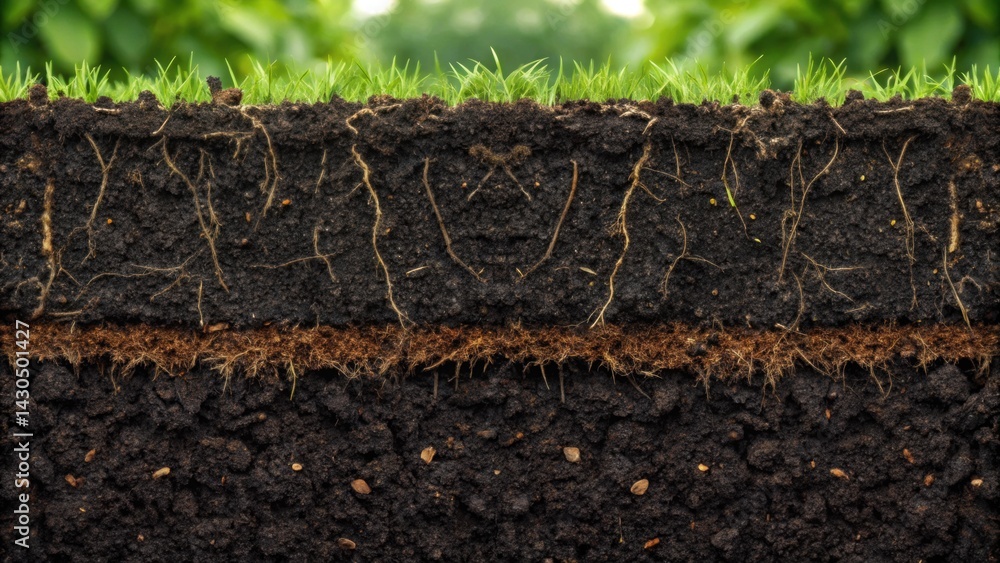 Fototapeta premium Cross-section of soil showcasing roots and layers, highlighting the relationship between soil composition and plant growth.