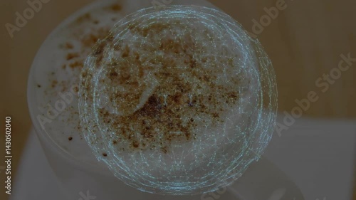 Digital network overlay animating frothy coffee cup with glowing nodes on ceramic mug and saucer