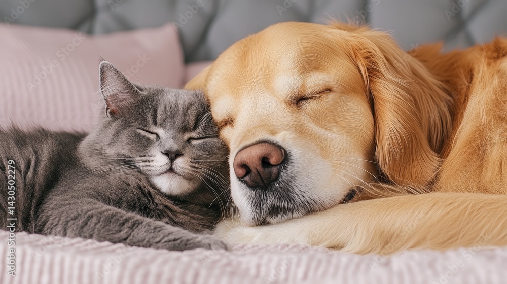 Obraz premium Dog and Cat Snuggling Together, Heartwarming Pet Friendship, Cozy and Peaceful Indoor Setting