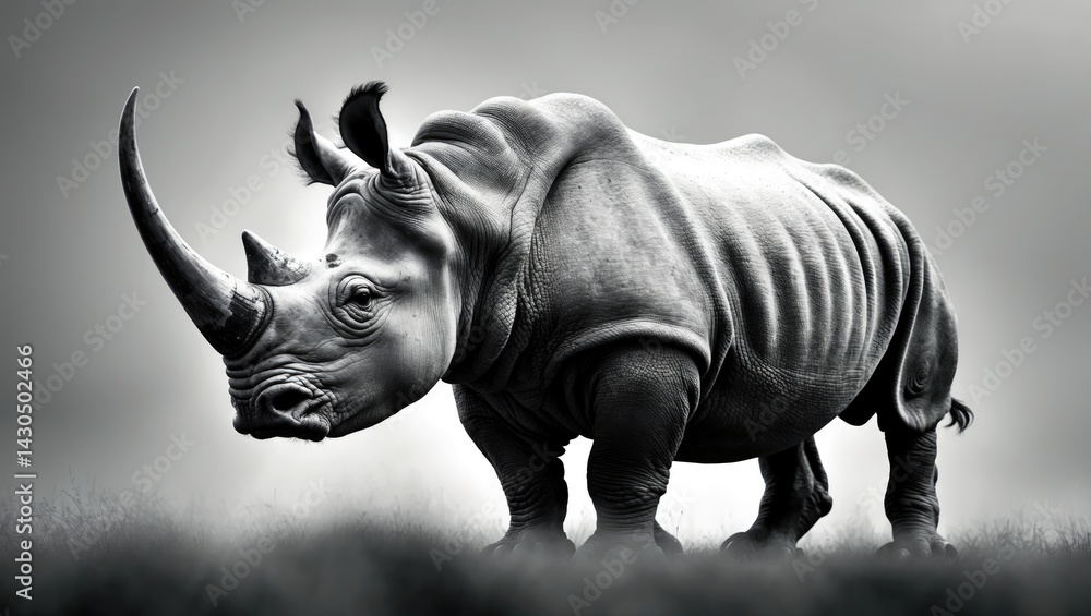 Fototapeta premium Close-up of a rhino and rhinoceros captured on mobile in fine art monochrome style