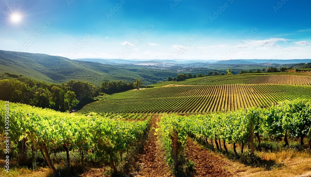 Fototapeta premium A picturesque vineyard landscape with rows of grapevines stretching across rolling hills under a bright blue sky.